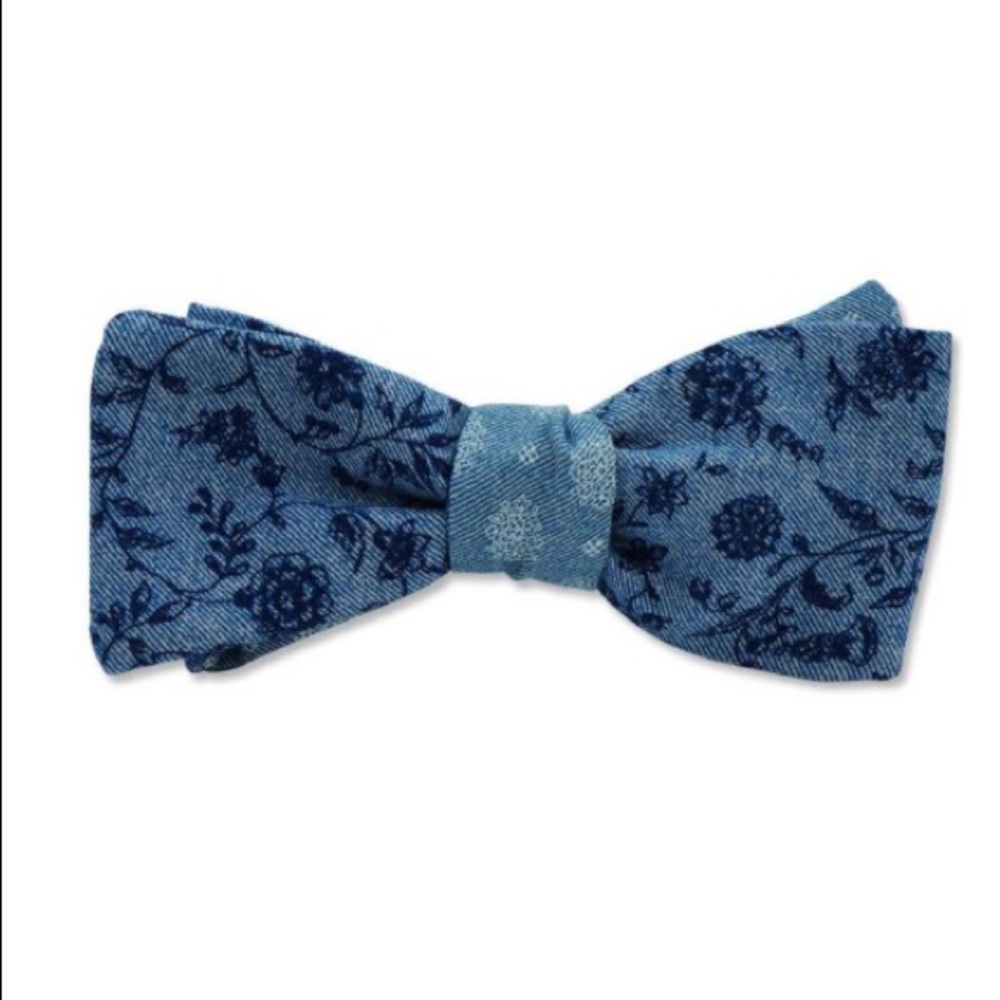 ZB Savoy Floral Sapphire Blue Chambray Denim Bow Tie - Picture 2 of 8